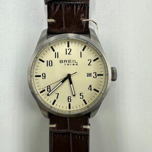 Breil Tribe Watch Men Silver Tone Beige Dial Date Brown Leather Band New Battery
